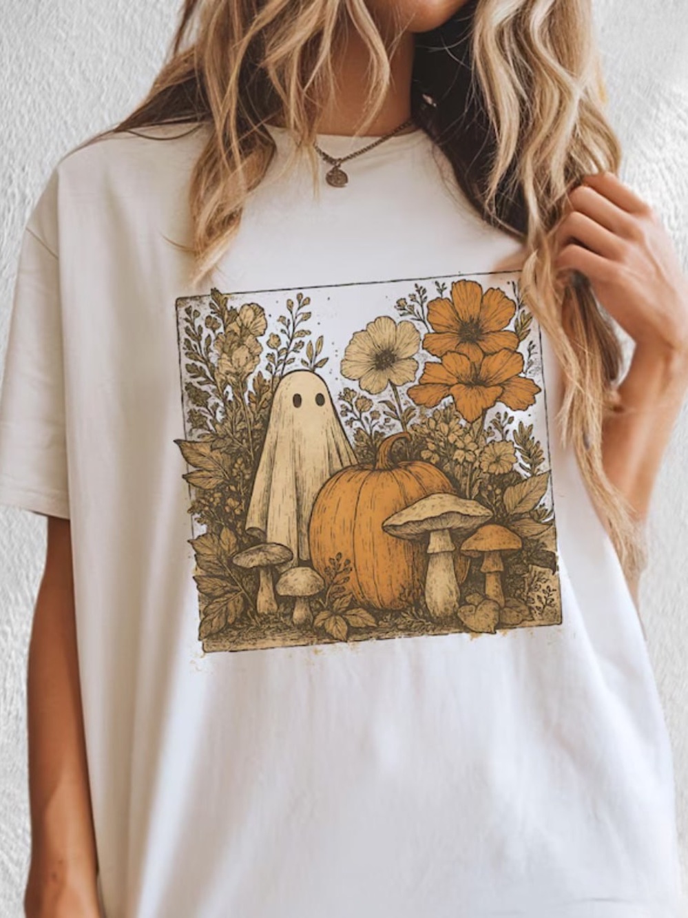 Cream Cozy Wildflower Graphic Tee with Orange Pumpkin & Brown Mushroom Art